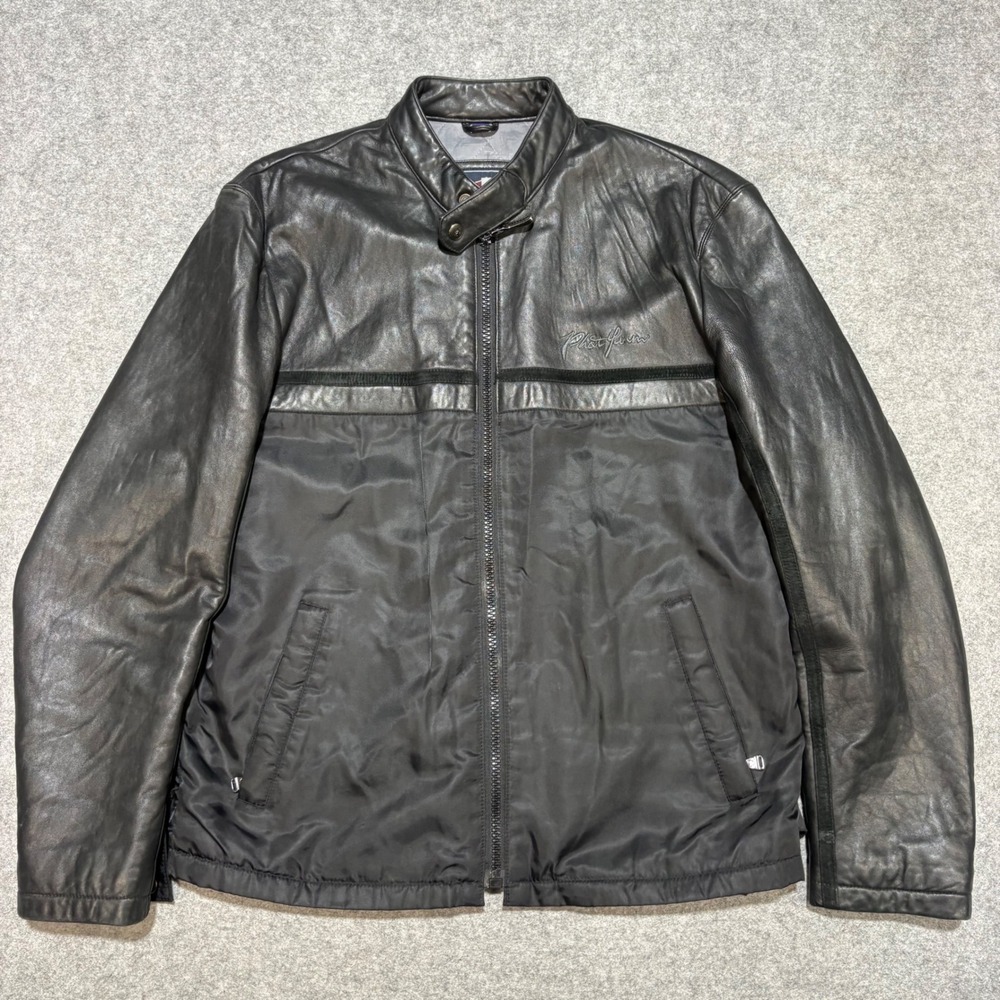 Phat Farm Mens Black Leather Nylon Mixed Media Quilted Lined Jacket Size M
